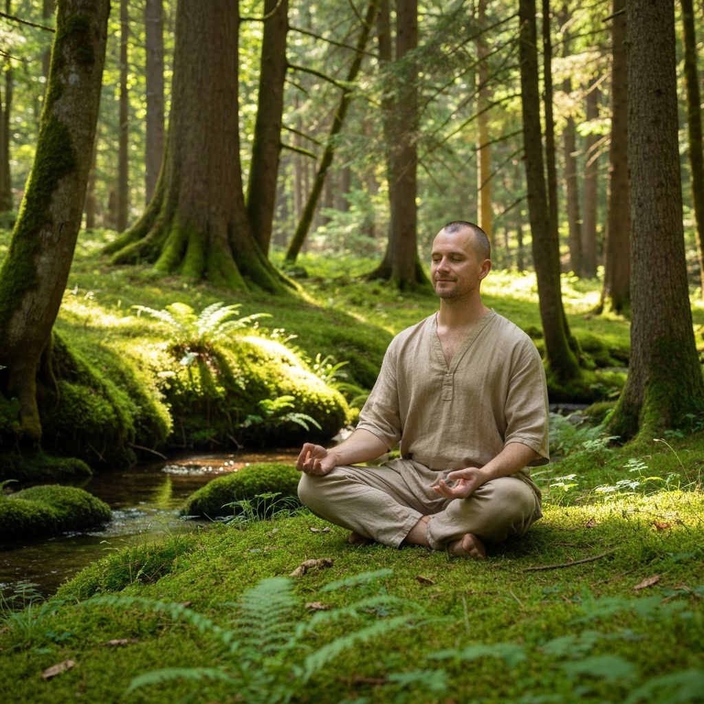 Man meditating in nature for wellness